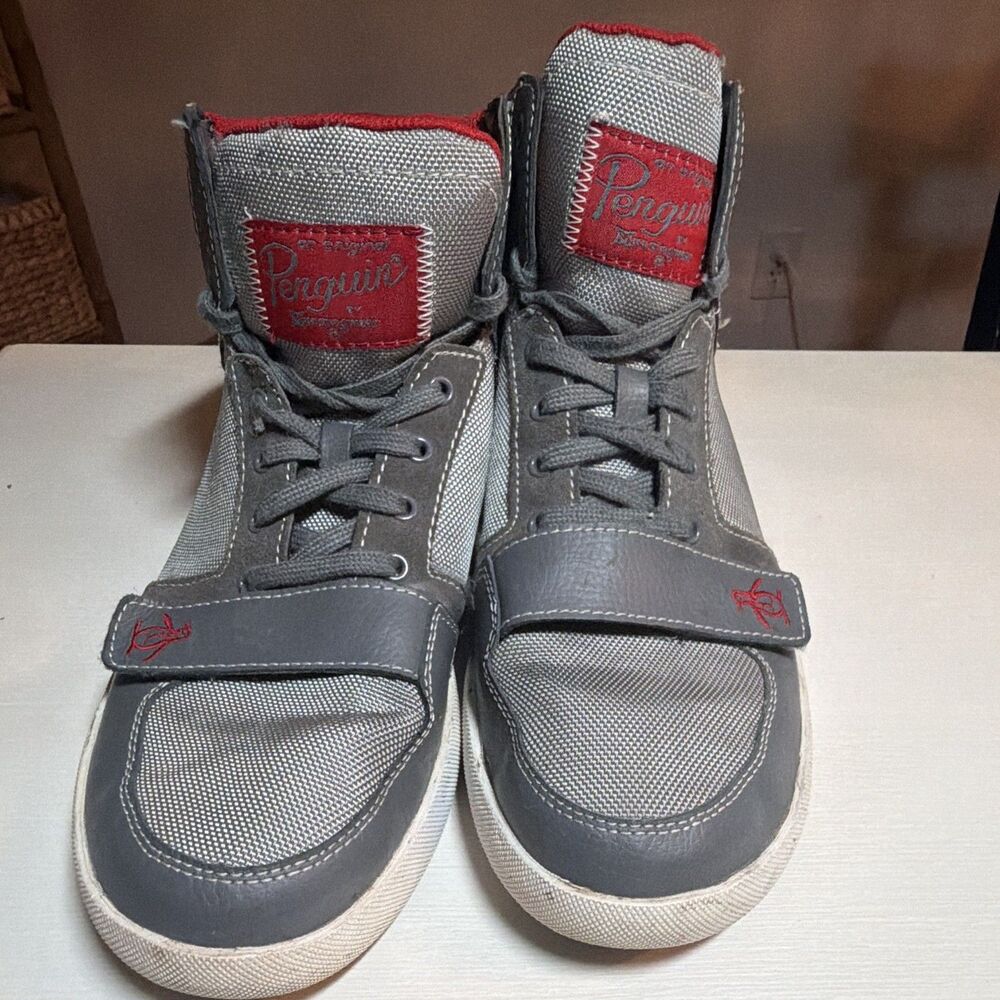 Original Penguin Moby Hi Men's High Top Sneakers Gray Red Leather Mesh Size 10.5